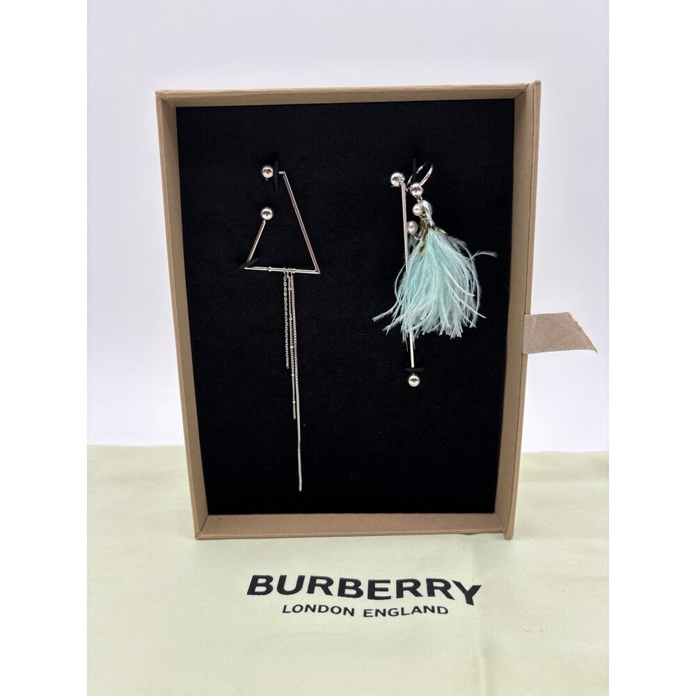 Burberry Ladies Asymmetrical Ostrich Feather and Chain Drop Earrings